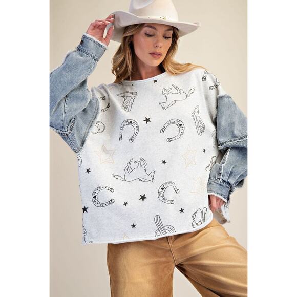 easel Tops - Easel Western Print Top Denim Sleeves - Size Small - Oversized